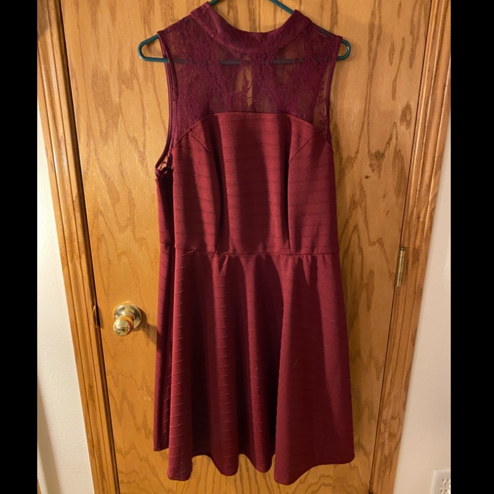 burgundy fit and flair dress with lace top